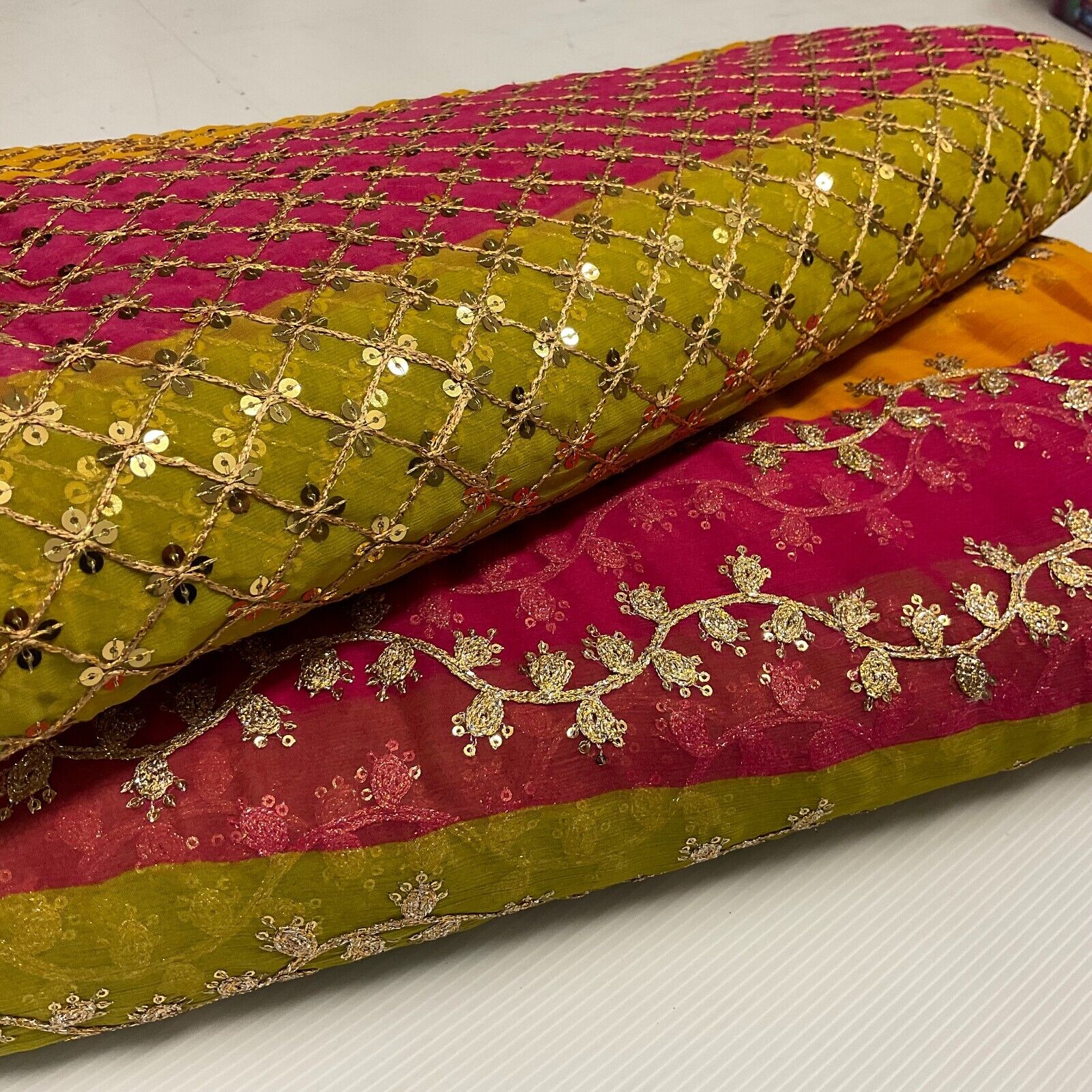 Indian Multicoloured Gold Embroidered Chiffon Skirt Fabric 100cm M1697 Mtex
