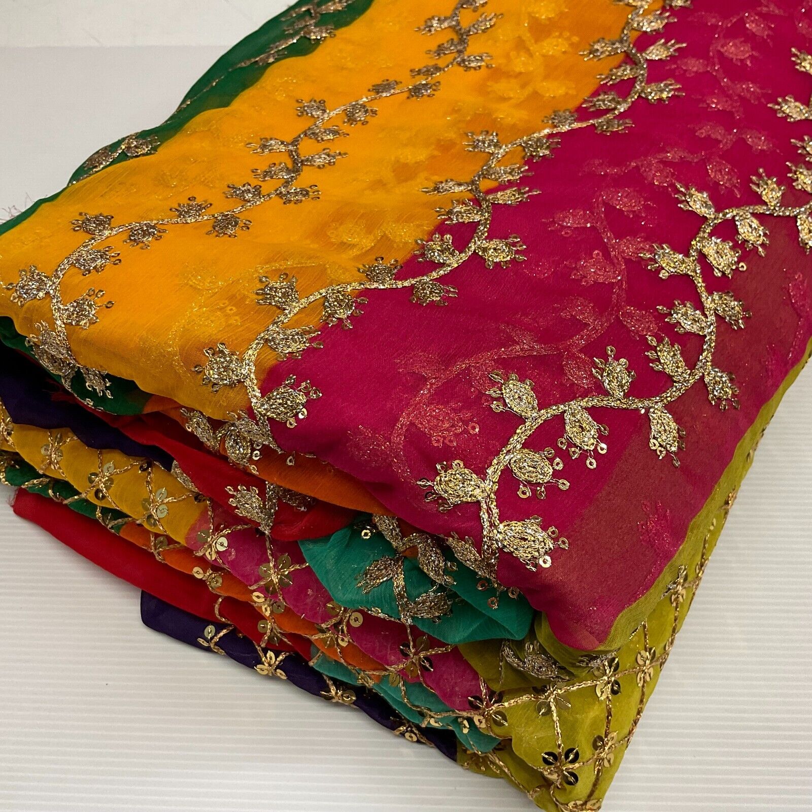 Indian Multicoloured Gold Embroidered Chiffon Skirt Fabric 100cm M1697 Mtex