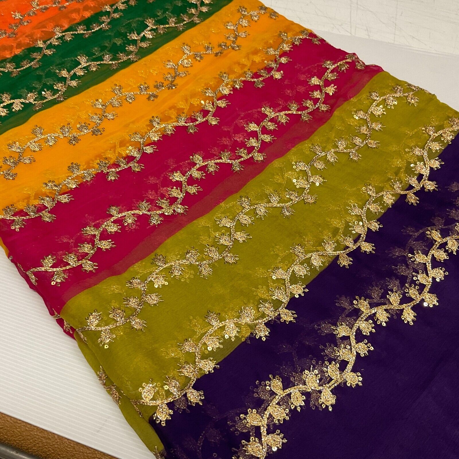Indian Multicoloured Gold Embroidered Chiffon Skirt Fabric 100cm M1697 Mtex