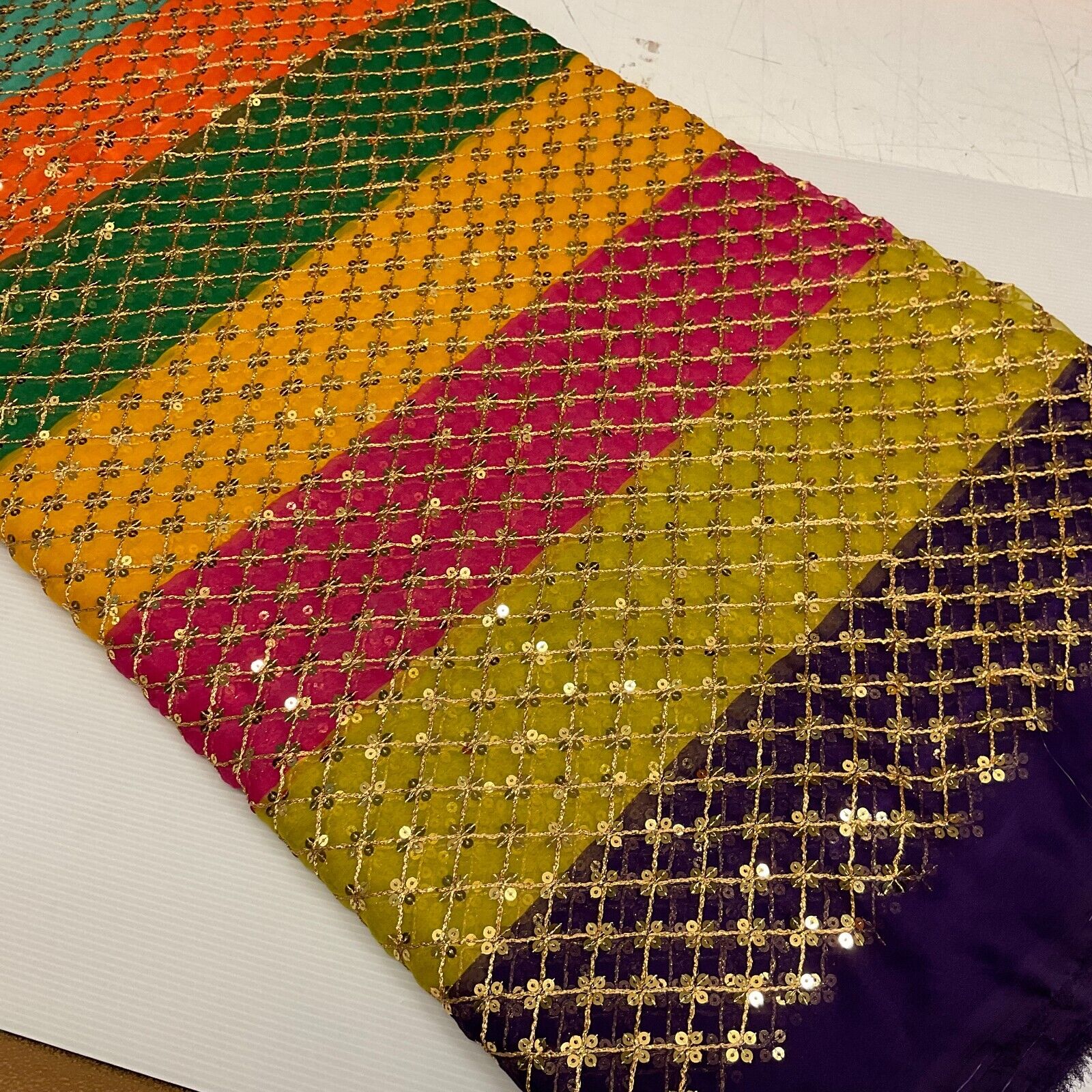 Indian Multicoloured Gold Embroidered Chiffon Skirt Fabric 100cm M1697 Mtex