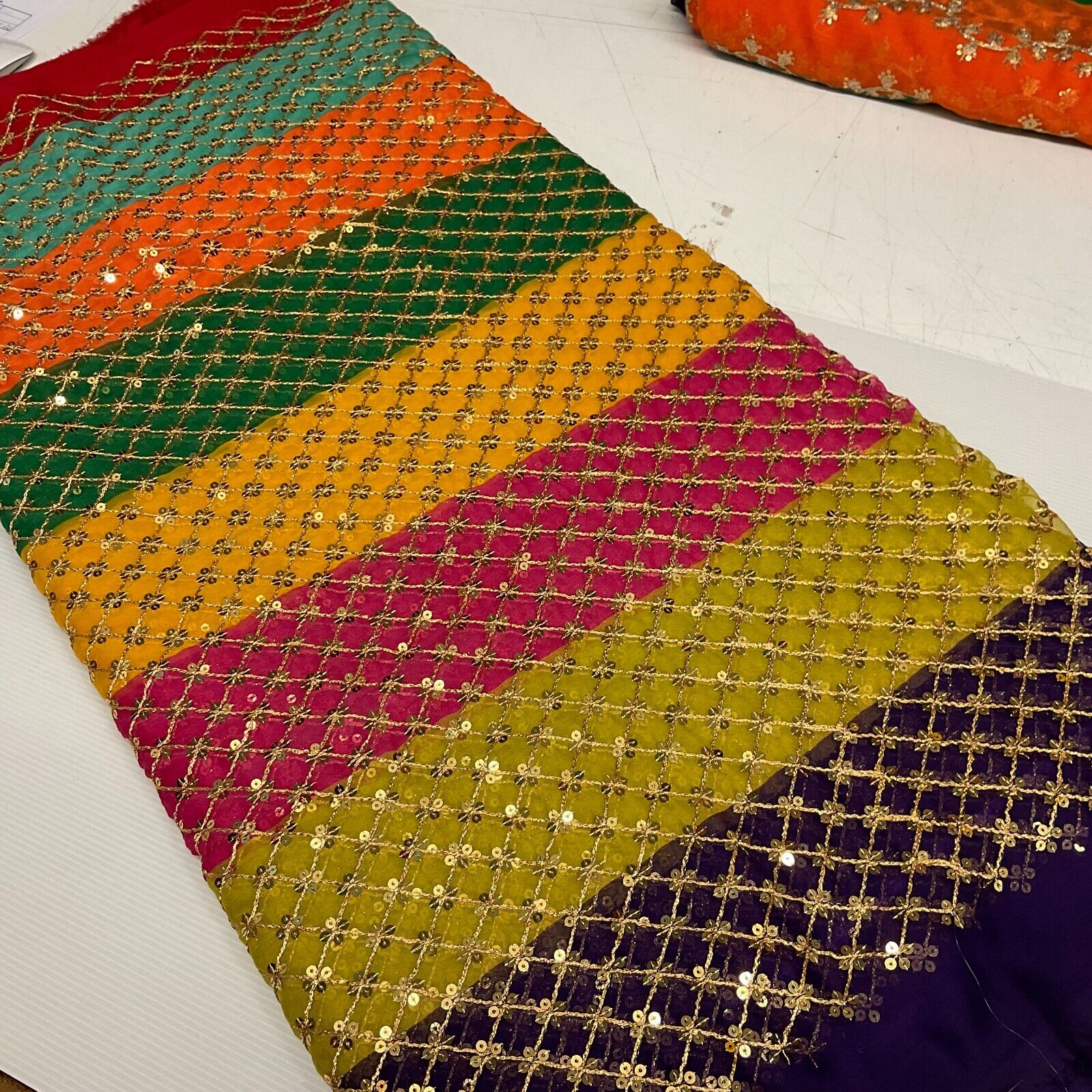 Indian Multicoloured Gold Embroidered Chiffon Skirt Fabric 100cm M1697 Mtex