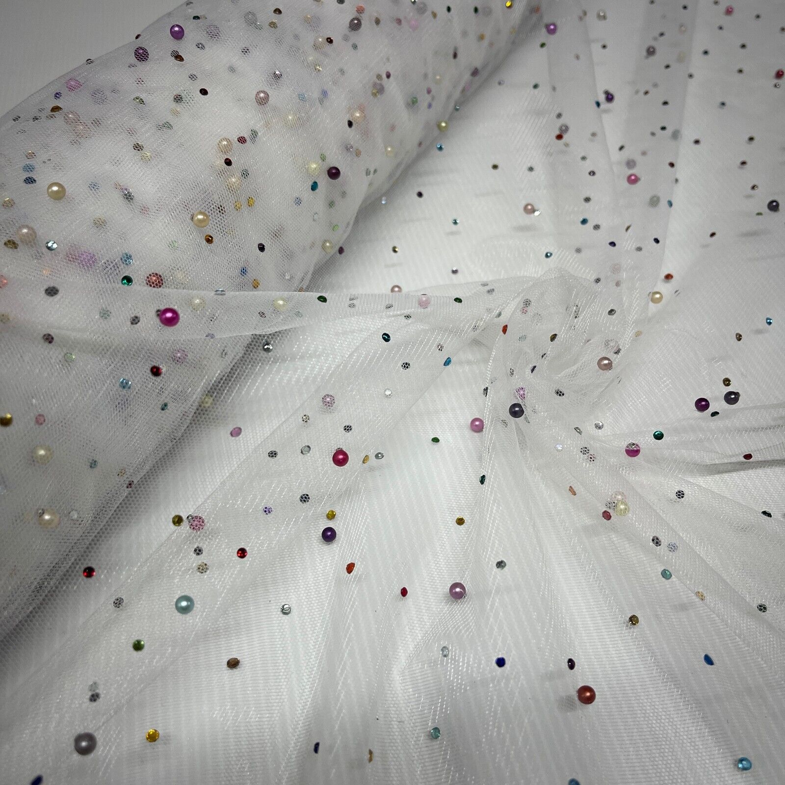 Beaded Pearl rhine stone Tulle Net Dress Wedding Décor Fabric M1825 Mtex