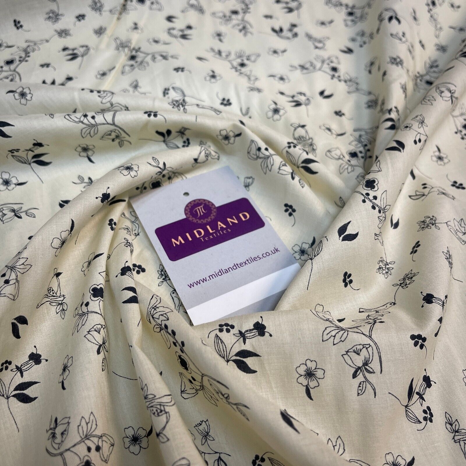 Cream Bird Floral  100% Cotton Dress fabric M1400-49 Mtex