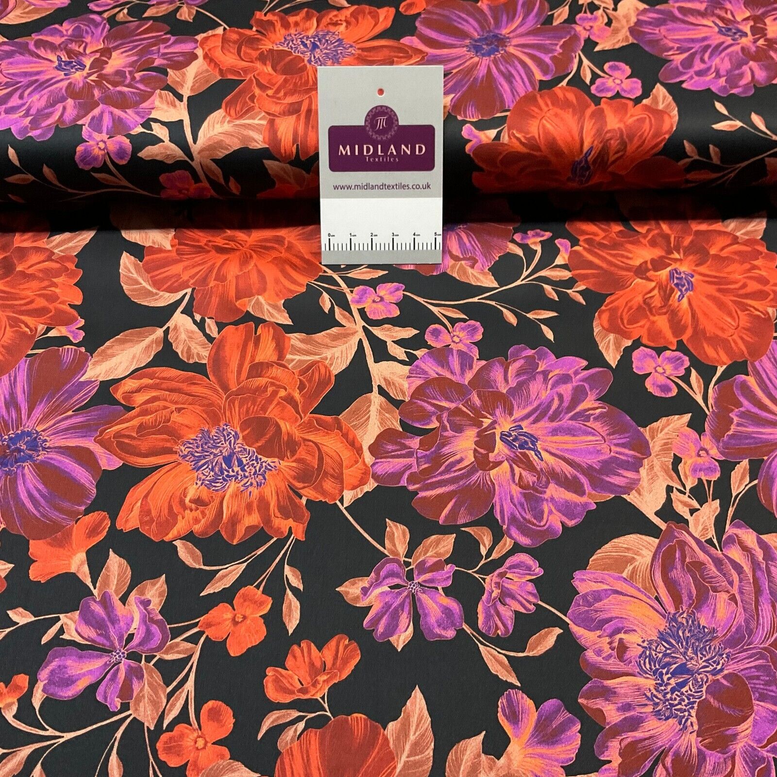Black Red Cotton Satin Digital large floral Dress Fabric M1878