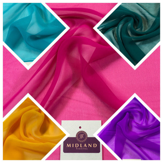 Collage of Hi-Multi Caress Chiffon Sheer Fabric in various colors including pink, blue, green, orange, and purple, showcasing the semi-transparent and lightweight nature of the material.