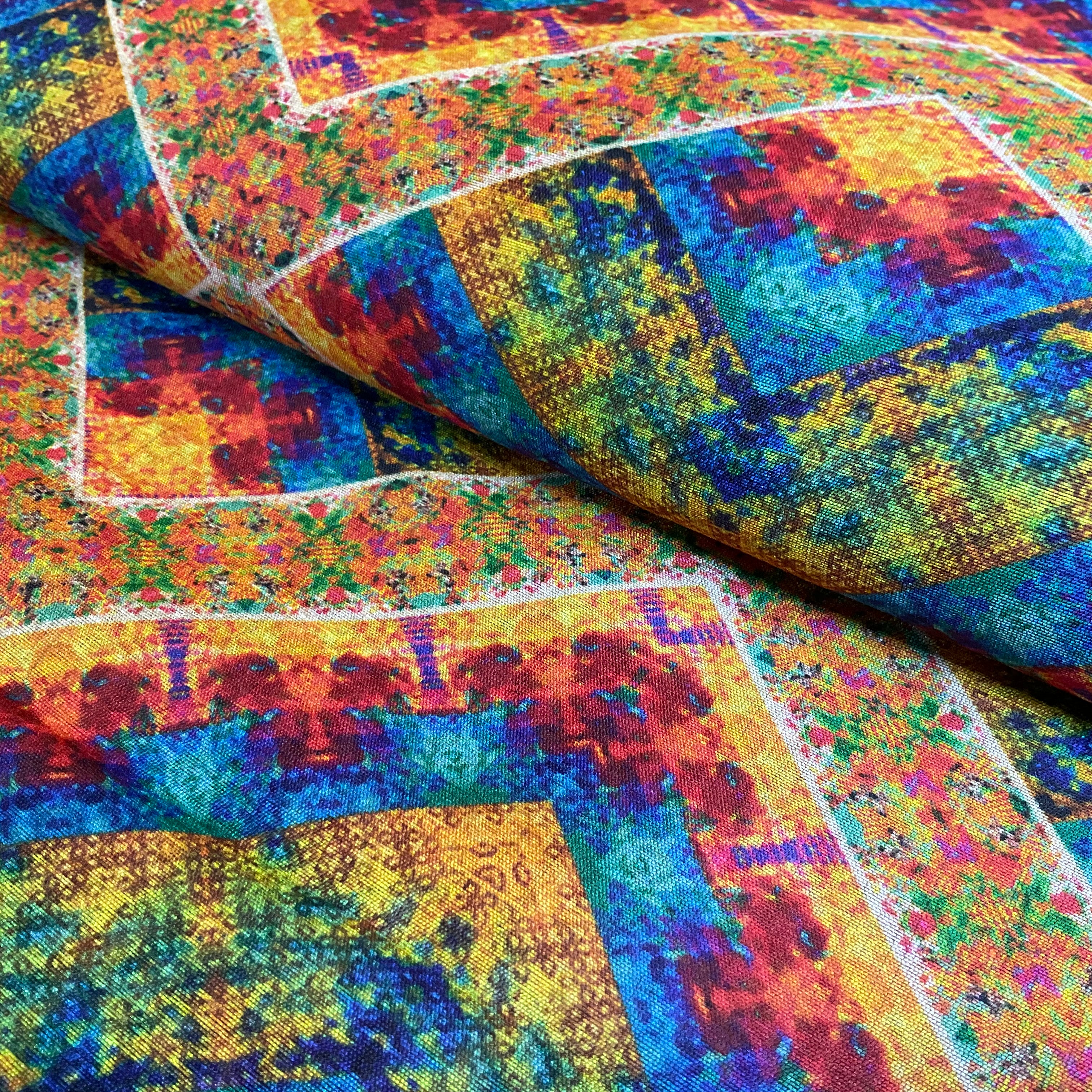Vibrant Chevron Kaleidoscope geometric print faux mango silk Dress fabric M2046-6