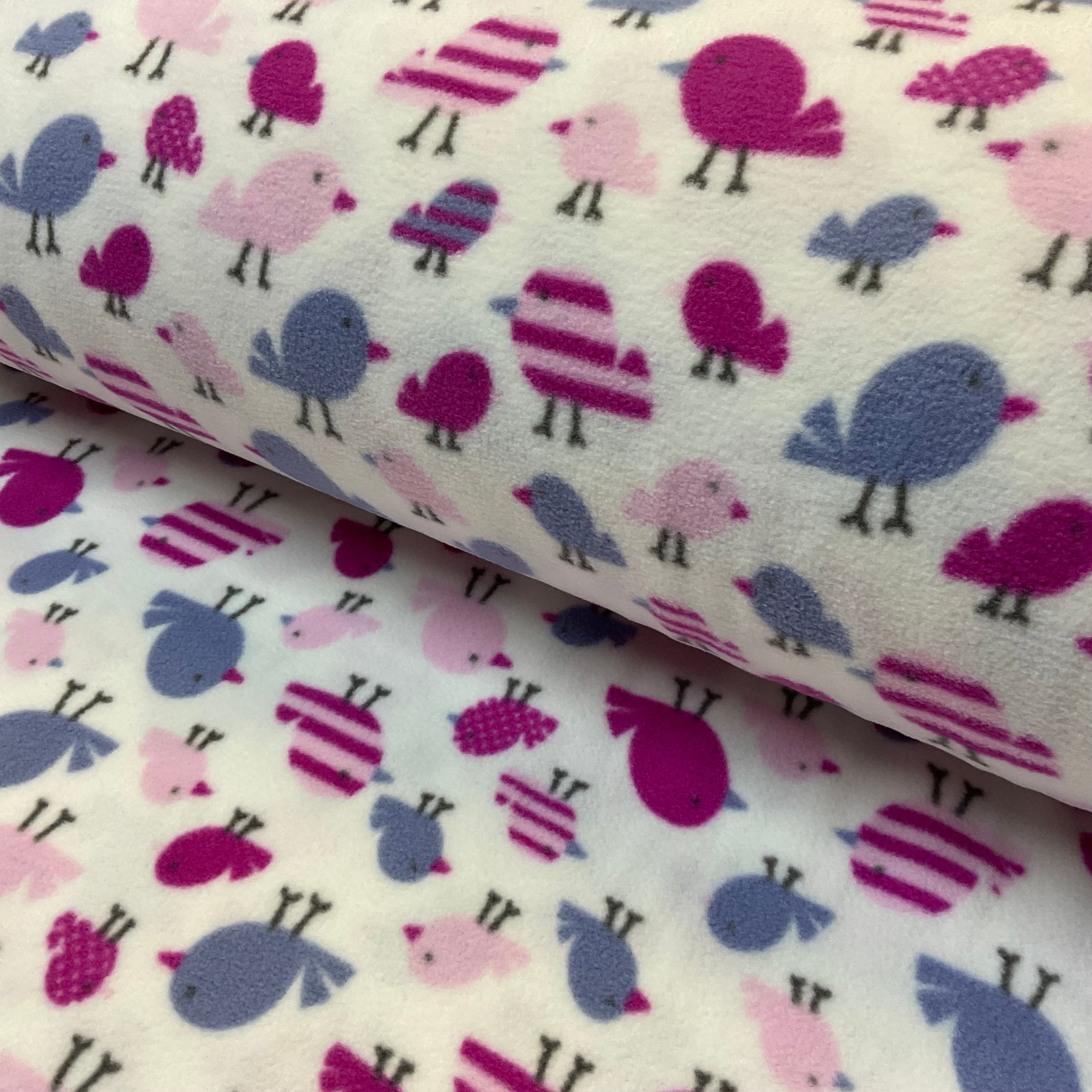 Pink and purple birds on white anti pil fleece ideal for Blankets & throws fabric 150cm wide M2067-8
