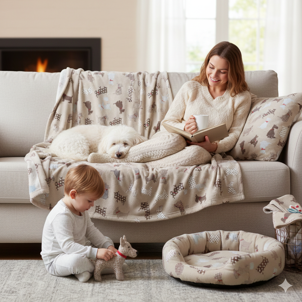 Beige dogs print anti pil fleece ideal for Blankets & throws fabric 150cm wide M2067-5