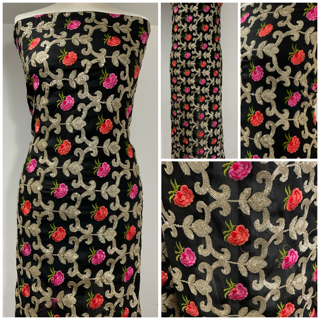Black Embroidered sequin floral Gold Chiffon Dress Fabric 100cm Wide M1966