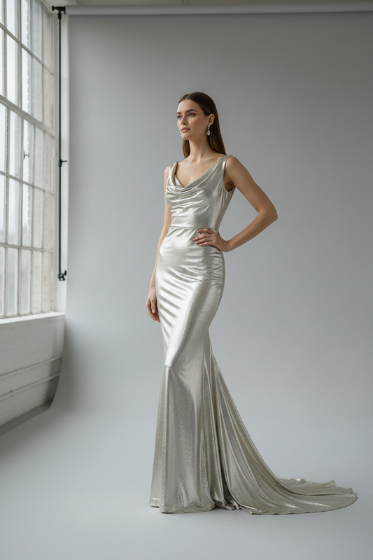 Model wearing metallic stretchy fabric