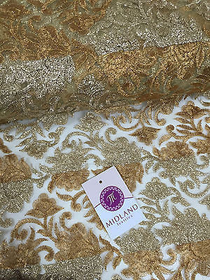 Gold Diamond Floral Ornamental Thread Embroided Net Fabric 34' Wide M234 Mtex - Midland Textiles & Fabric