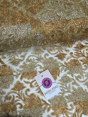 Gold Diamond Floral Ornamental Thread Embroided Net Fabric 34" Wide M234 Mtex - Midland Textiles & Fabric