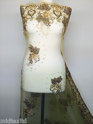 Vintage Floral embellished and stones dress net with scalloped edging M232 Mtex - Midland Textiles & Fabric