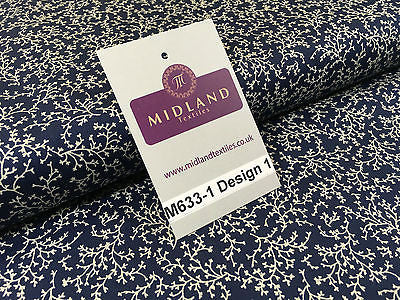 Navy And White Floral Paste Printed 100% Cotton Poplin Craft Fabric 45' M633 - Midland Textiles & Fabric