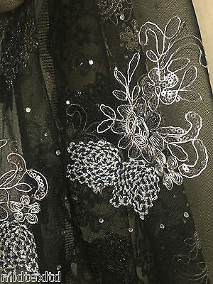 Vintage Floral embellished and stones dress net with scalloped edging M232 Mtex - Midland Textiles & Fabric