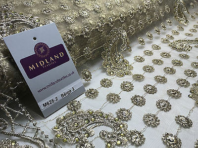 Metallic Embroided and Stone work lace mesh Dress Net Fabric 46" Wide M625 - Midland Textiles & Fabric
