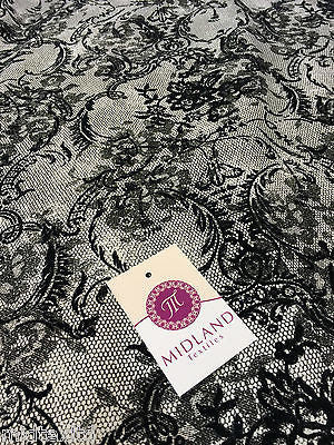 Black flock lace effect off white Jersey fabric 2 way stretch 58"  M16-21 Mtex - Midland Textiles & Fabric