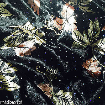 Velvet Black and Bronze leaf print with silver sequins 58" M16-7 Mtex - Midland Textiles & Fabric