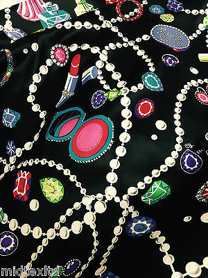 Jewel box Pearl, Jewellery and Make up Print Black Satin fabric 58' M145-22 Mtex - Midland Textiles & Fabric