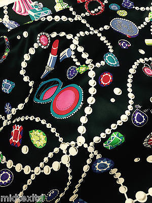Jewel box Pearl, Jewellery and Make up Print Black Satin fabric 58" M145-22 Mtex - Midland Textiles & Fabric