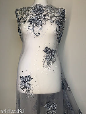 Vintage Floral embellished and stones dress net with scalloped edging M232 Mtex - Midland Textiles & Fabric