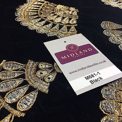 Retro Black & Gold embroidered Peacock Feather Fan Micro velvet 45' M681 Mtex - Midland Textiles & Fabric