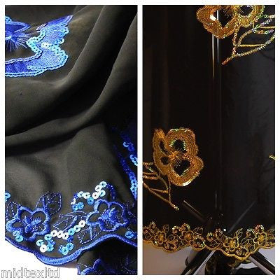 Black Georgette with floral sequins and scalloped edging dress fabric 54" Mtex - Midland Textiles & Fabric