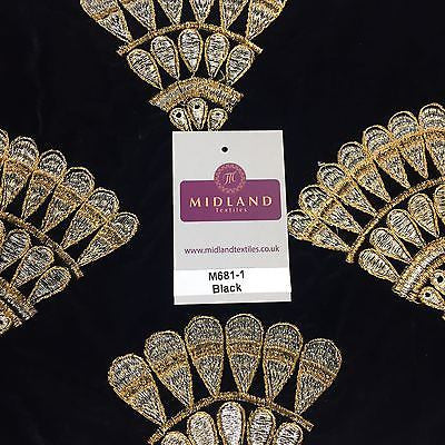 Retro Black & Gold embroidered Peacock Feather Fan Micro velvet 45' M681 Mtex - Midland Textiles & Fabric
