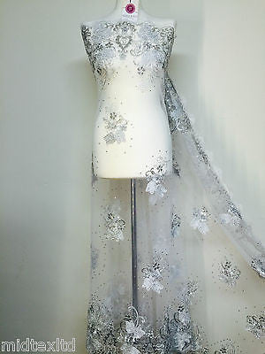 Vintage Floral embellished and stones dress net with scalloped edging M232 Mtex - Midland Textiles & Fabric