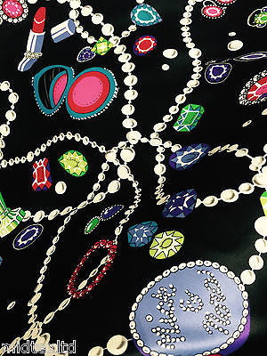 Jewel box Pearl, Jewellery and Make up Print Black Satin fabric 58' M145-22 Mtex - Midland Textiles & Fabric