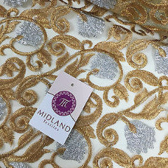 Silver and Gold Floral Ornamental Thread Embroided net fabric 34" Wide M233 Mtex - Midland Textiles & Fabric