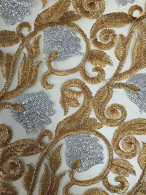 Silver and Gold Floral Ornamental Thread Embroided net fabric 34' Wide M233 Mtex - Midland Textiles & Fabric