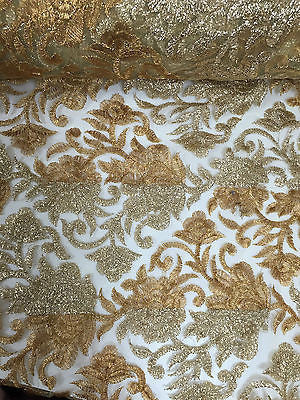 Gold Diamond Floral Ornamental Thread Embroided Net Fabric 34' Wide M234 Mtex - Midland Textiles & Fabric
