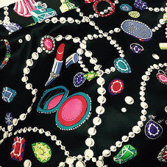 Jewel box Pearl, Jewellery and Make up Print Black Satin fabric 58' M145-22 Mtex - Midland Textiles & Fabric
