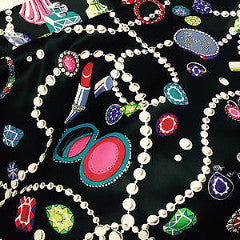 Jewel box Pearl, Jewellery and Make up Print Black Satin fabric 58" M145-22 Mtex - Midland Textiles & Fabric