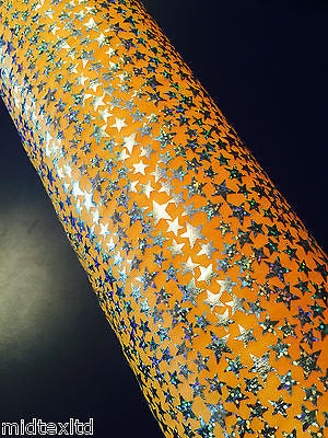 Sliver Halogram Star print on orange Computer Foil Print Strech Fabric M7-3 Mtex - Midland Textiles & Fabric