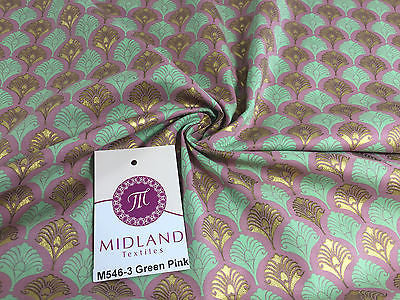 Retro Peacock Bird Feather Flower Fan Gold Lacquered Cotton Lawn Fabric 58" M546 - Midland Textiles & Fabric