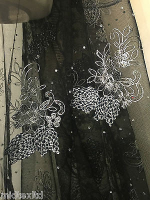 Vintage Floral embellished and stones dress net with scalloped edging M232 Mtex - Midland Textiles & Fabric