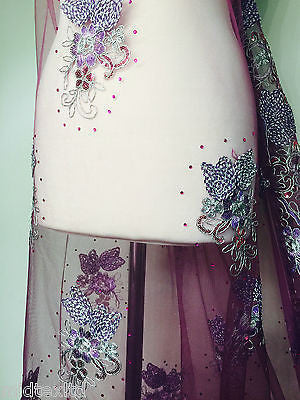 Vintage Floral embellished and stones dress net with scalloped edging M232 Mtex - Midland Textiles & Fabric