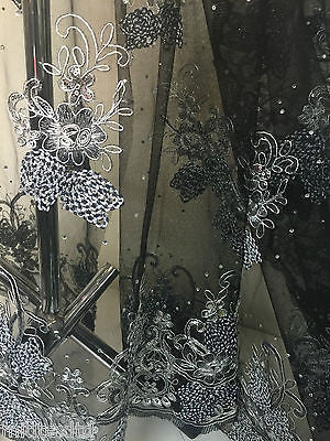 Vintage Floral embellished and stones dress net with scalloped edging M232 Mtex - Midland Textiles & Fabric