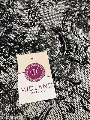 Black flock lace effect off white Jersey fabric 2 way stretch 58"  M16-21 Mtex - Midland Textiles & Fabric