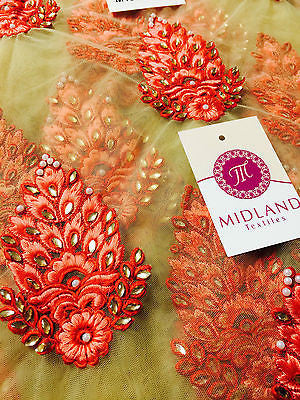 Indian Embellished Embroidered Gold Base Tulle net dress fabric 40" Wide M130 - Midland Textiles & Fabric