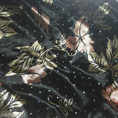 Velvet Black and Bronze leaf print with silver sequins 58" M16-7 Mtex - Midland Textiles & Fabric