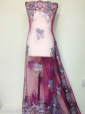 Vintage Floral embellished and stones dress net with scalloped edging M232 Mtex - Midland Textiles & Fabric