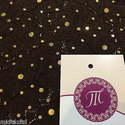 Crochet Stretch Lace Fabric with Silver sequins 58' M73 Mtex Brown or Black - Midland Textiles & Fabric