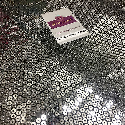Silver Sew on sequins 5mm on black mesh net dress fabric 55" wide M624 Mtex - Midland Textiles & Fabric