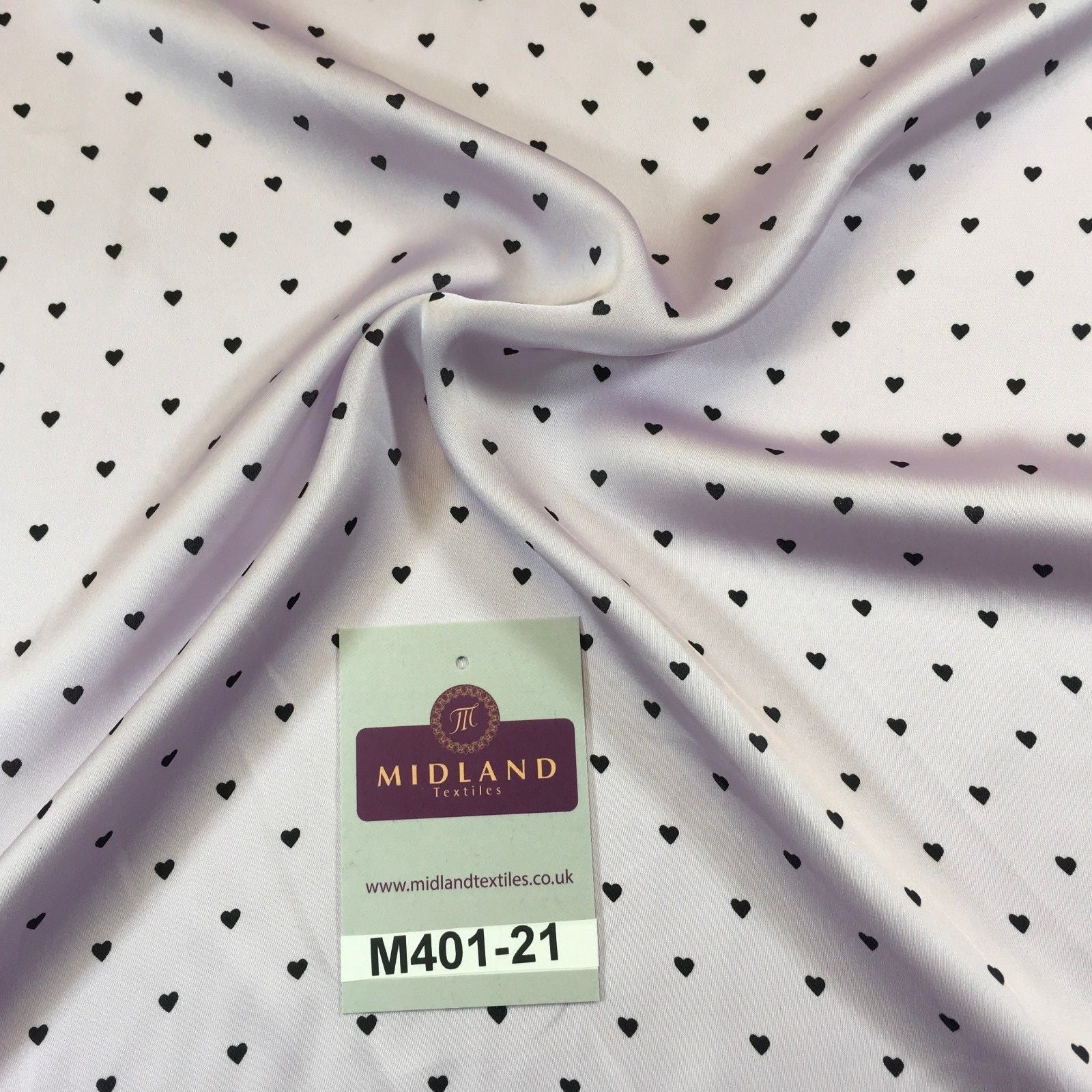 Lilac Silky Smooth Black Heart Printed Satin Dress fabric 58' M401-21 Mtex - Midland Textiles & Fabric