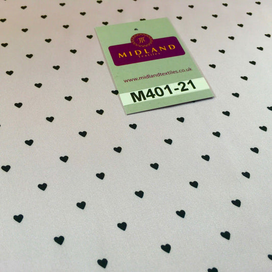 Lilac Silky Smooth Black Heart Printed Satin Dress fabric 58" M401-21 Mtex - Midland Textiles & Fabric