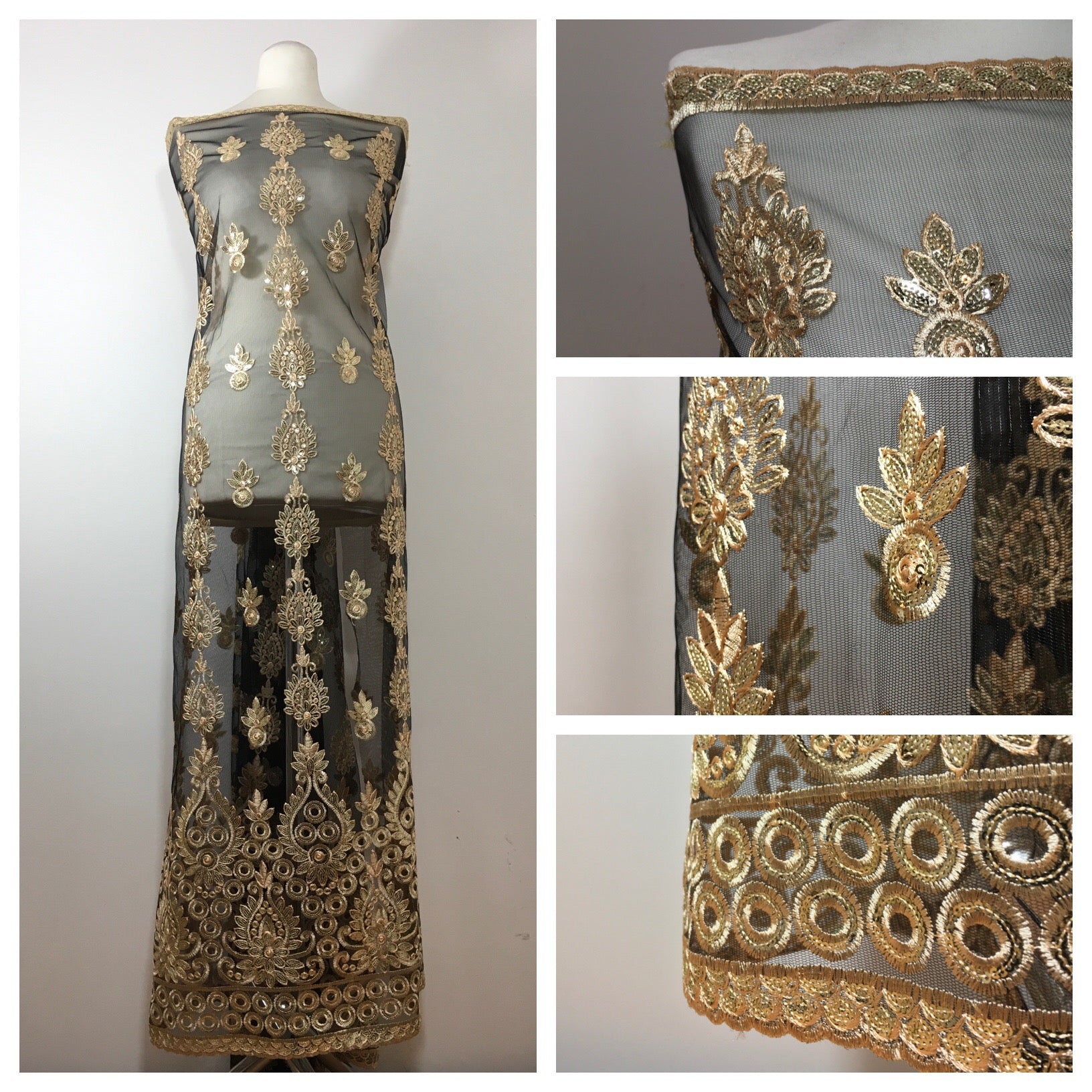 Golden Embroidered Scalloped edge Dress tulle net Fabric 55' Wide M799 Mtex