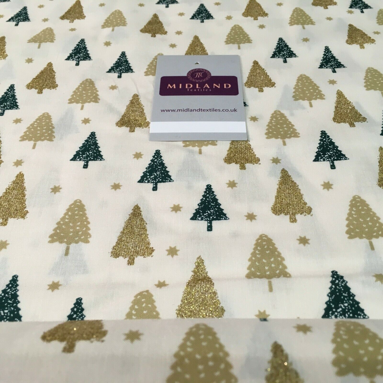 Christmas tree gold glitter lacquer Xmas Cotton fabric 150cm Wide MD1162 Mtex